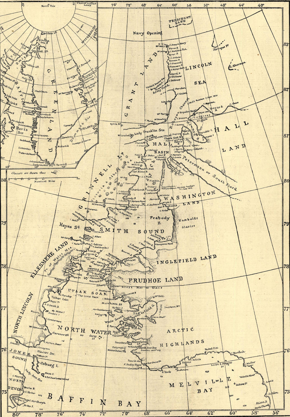 The Arctic expedition: Smith Sound route to the North Polar Sea 1875 old map